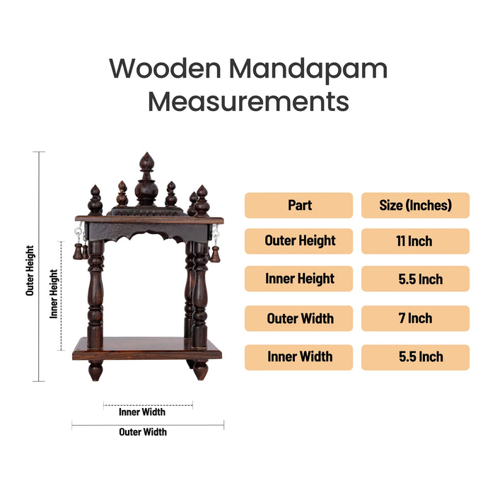 Pooja Mandir With Base - 11 x 5.5 x 7 x 5.5 Inches | Mandapam/ Puja Stand/ Wooden Temple For Home & Pooja Space