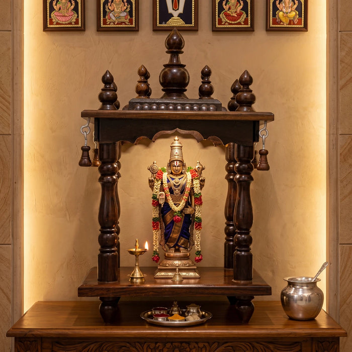 Pooja Mandir With Base - 11 x 5.5 x 7 x 5.5 Inches | Mandapam/ Puja Stand/ Wooden Temple For Home & Pooja Space