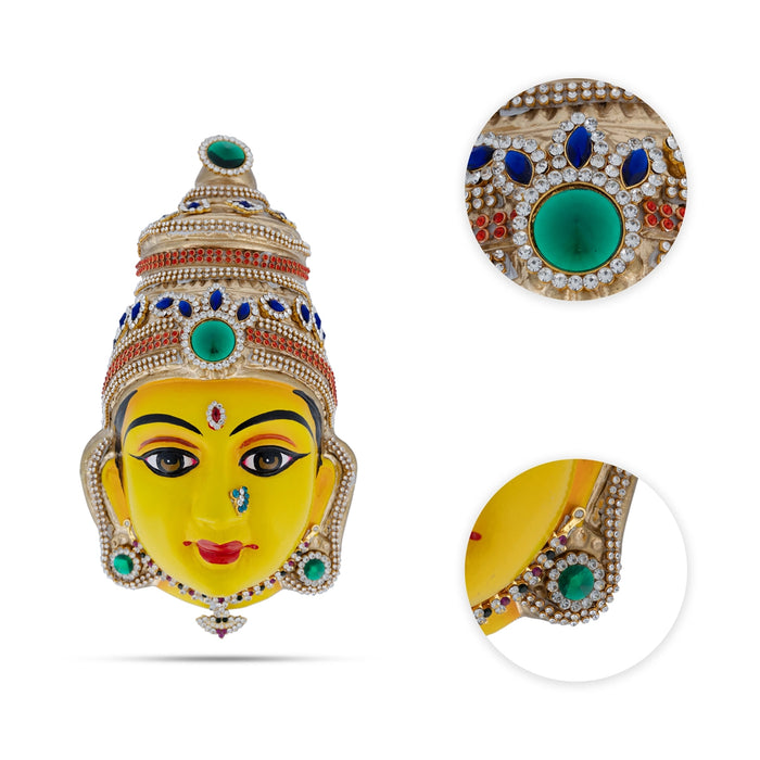 Stone Decorative Amman Face - 8.5 x 5 Inches | Paper Mache Devi Face/ Yellow Ammavari Face for Deity Decor - Head & Face Accessories