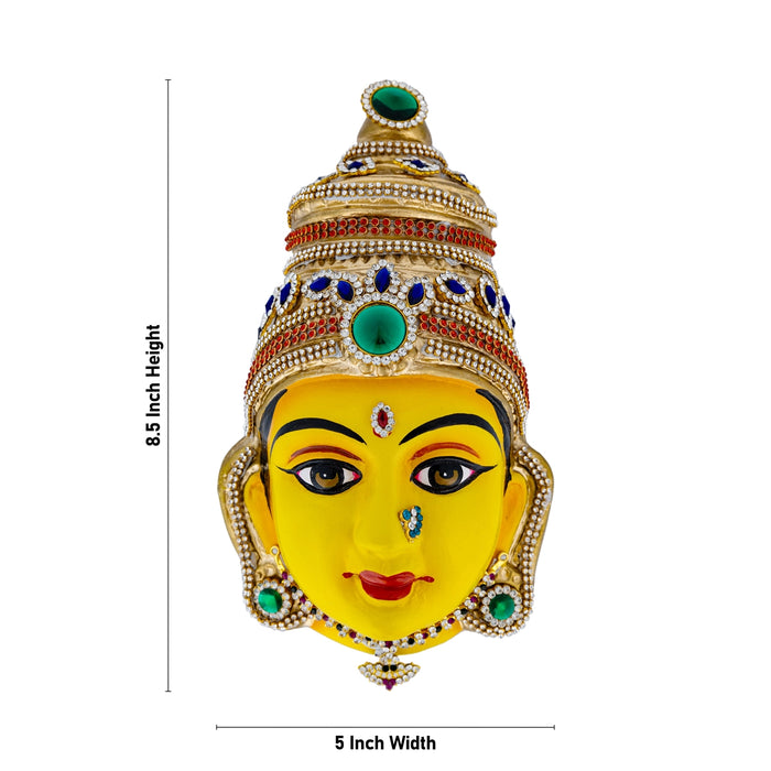 Stone Decorative Amman Face - 8.5 x 5 Inches | Paper Mache Devi Face/ Yellow Ammavari Face for Deity Decor - Head & Face Accessories