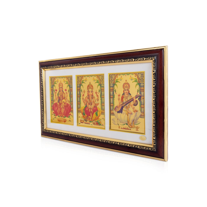Lakshmi Ganesh Saraswati Photo Frame - 20 x 12 Inches | Synthetic Rosewood Frame/ Wall Frame for Pooja Space