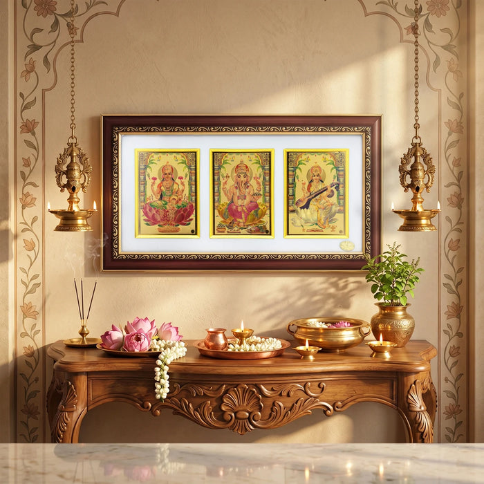 Lakshmi Ganesh Saraswati Photo Frame - 20 x 12 Inches | Synthetic Rosewood Frame/ Wall Frame for Pooja Space