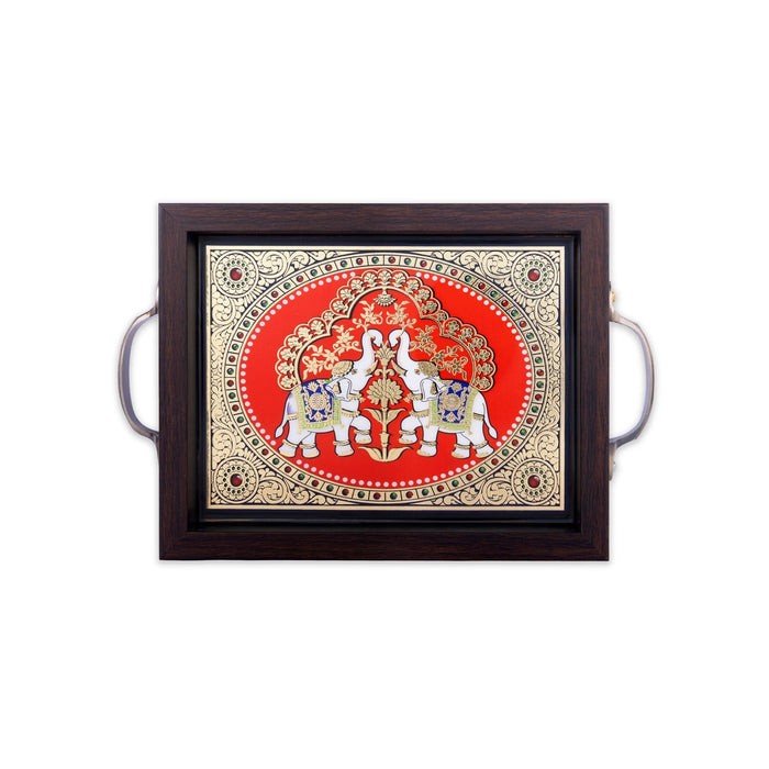 Tanjore Tray - 7 x 11 Inches | Double Elephant Decorative Plate / Wooden Tray For Home Decor