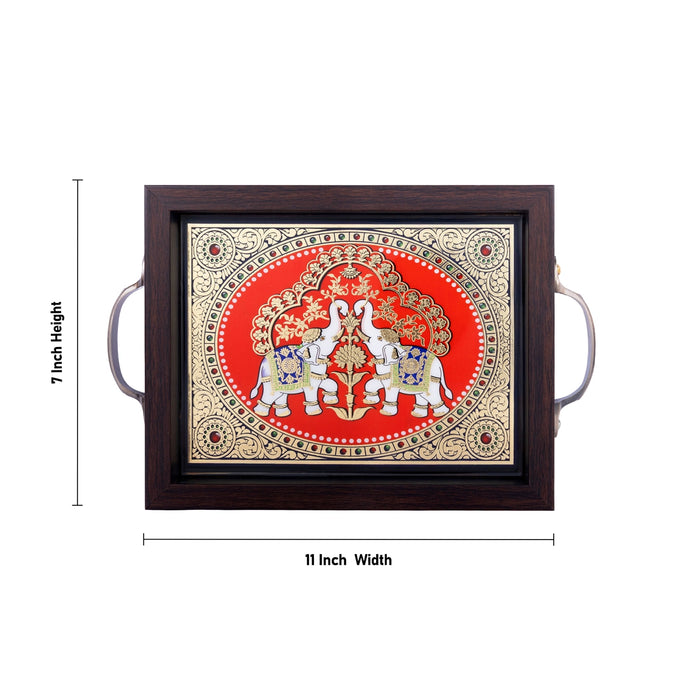 Tanjore Tray - 7 x 11 Inches | Double Elephant Decorative Plate / Wooden Tray For Home Decor