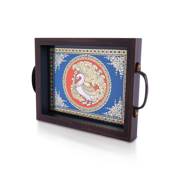 Tanjore Glass Painting Tray - 1.25 X 9 X 7 Inches | Thanjavur Decorative Plate/ Wooden Tray For Home Decor - Pooja Plate & Tray