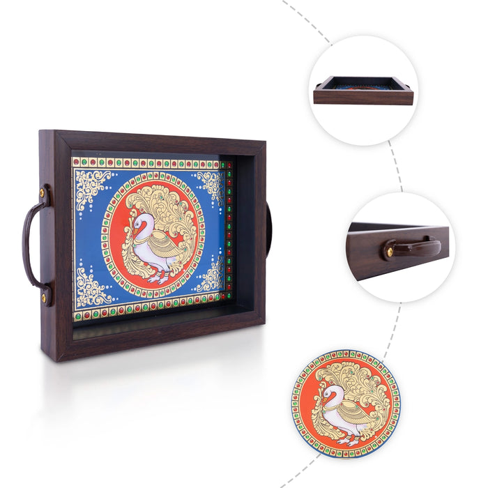 Tanjore Glass Painting Tray - 1.25 X 9 X 7 Inches | Thanjavur Decorative Plate/ Wooden Tray For Home Decor - Pooja Plate & Tray