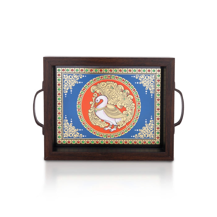 Tanjore Glass Painting Tray - 1.25 X 9 X 7 Inches | Thanjavur Decorative Plate/ Wooden Tray For Home Decor - Pooja Plate & Tray