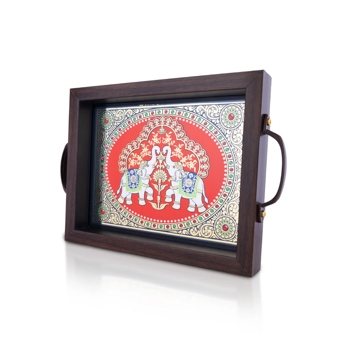 Tanjore Glass Painting Tray - 1.25 X 9 X 7 Inches | Thanjavur Decorative Plate/ Wooden Tray For Home Decor - Pooja Plate & Tray