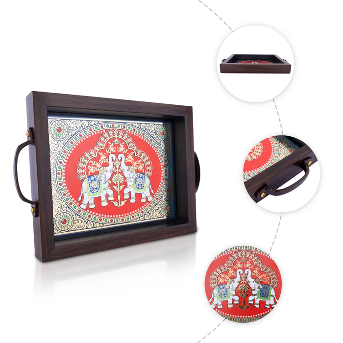 Tanjore Glass Painting Tray - 1.25 X 9 X 7 Inches | Thanjavur Decorative Plate/ Wooden Tray For Home Decor - Pooja Plate & Tray