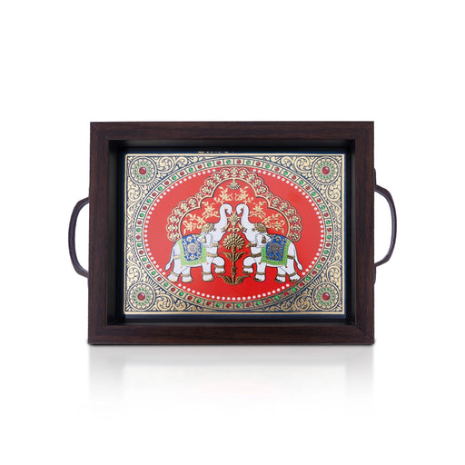 Tanjore Glass Painting Tray - 1.25 X 9 X 7 Inches | Thanjavur Decorative Plate/ Wooden Tray For Home Decor - Pooja Plate & Tray