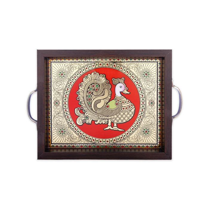 Tanjore Painting Tray - 9 x 11 Inches | Double Annam Design Serving Tray/ Wooden Kitchen Tray For Home
