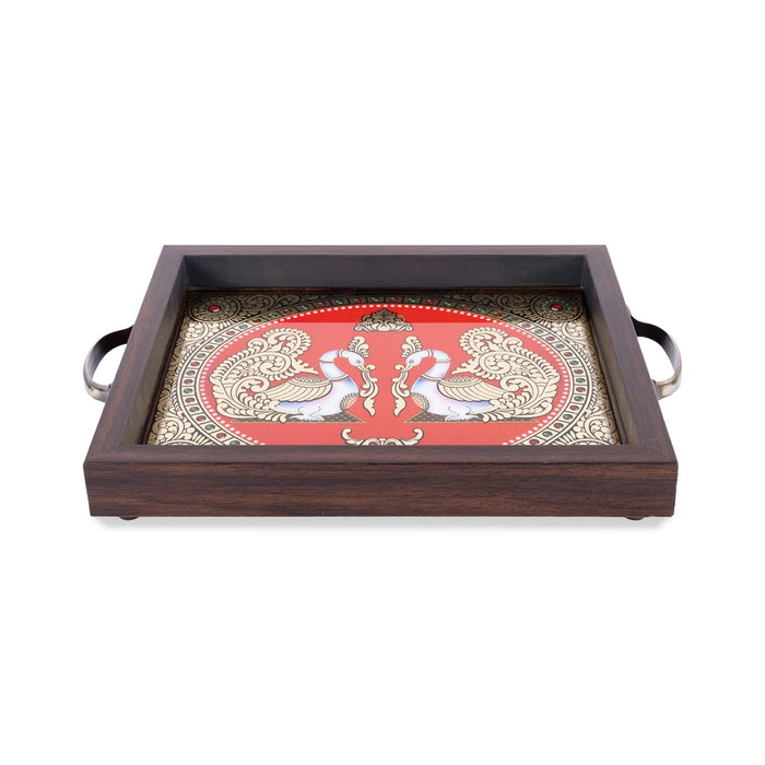 Tanjore Painting Tray - 9 x 11 Inches | Double Annam Design Serving Tray/ Wooden Kitchen Tray For Home
