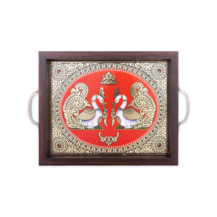 Tanjore Painting Tray - 9 x 11 Inches | Double Annam Design Serving Tray/ Wooden Kitchen Tray For Home
