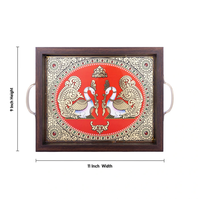Tanjore Painting Tray - 9 x 11 Inches | Double Annam Design Serving Tray/ Wooden Kitchen Tray For Home