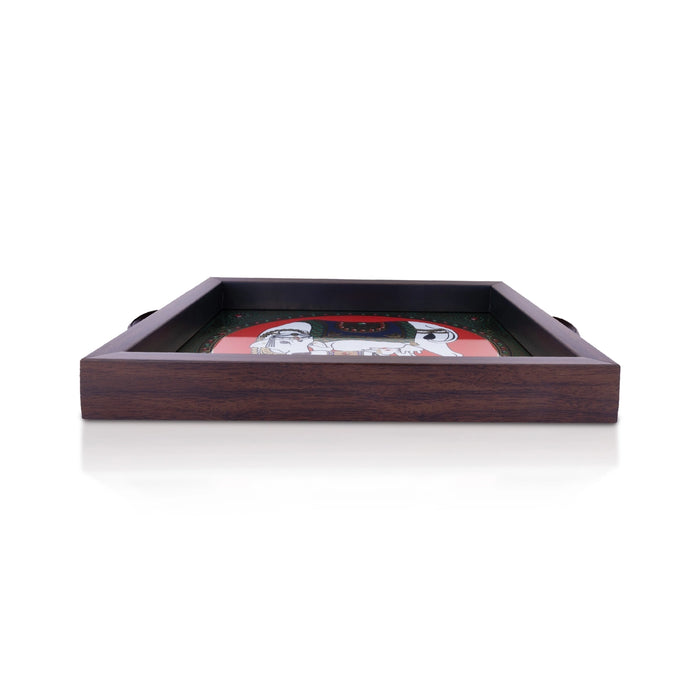 Cow Calf Tanjore Glass Painting Tray - 1.25 X 11 X 9 Inches | Thanjavur Decorative Plate/ Wooden Tray For Home - Pooja Plate & Tray