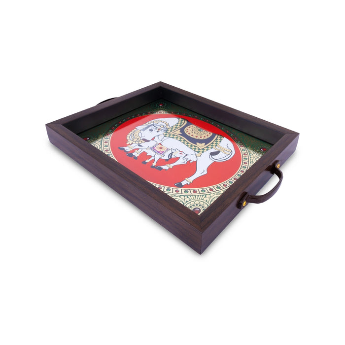 Cow Calf Tanjore Glass Painting Tray - 1.25 X 11 X 9 Inches | Thanjavur Decorative Plate/ Wooden Tray For Home - Pooja Plate & Tray
