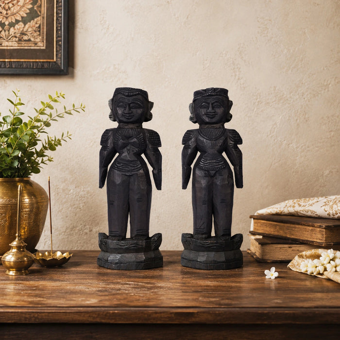 Marapachi Bommai Pair - 10 x 3.5 Inches | Wooden Sculpture/ Marapachi Doll/ Kolu Bommai for Navaratri