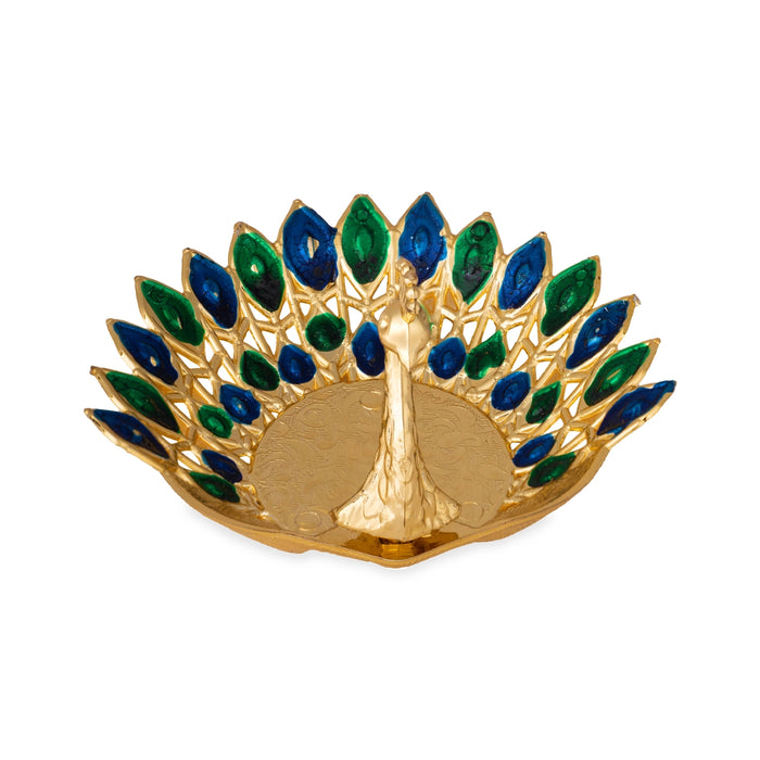 Pooja Tray - 3.5 x 3.5 Inches | Peacock Gold Polish Tray/ Meenakari Design Plate for Home & Gifting