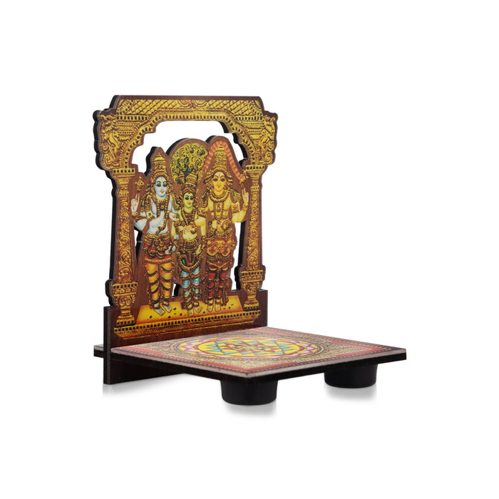 Sri Chakra Design Manai Palagai With Meenakshi Kalyanam Photo Frame - 4 x 3 Inches | Bajot With Picture Frame - Pooja Aasan & Bajot & Pooja Mat