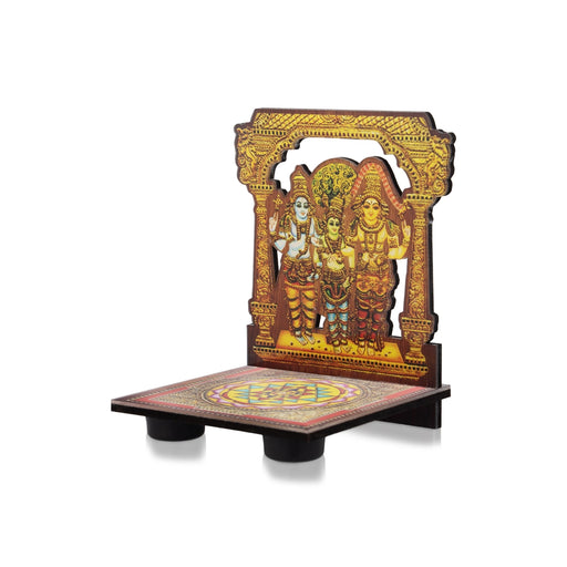 Sri Chakra Design Manai Palagai With Meenakshi Kalyanam Photo Frame - 4 x 3 Inches | Bajot With Picture Frame - Pooja Aasan & Bajot & Pooja Mat