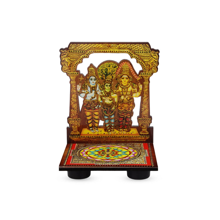 Sri Chakra Design Manai Palagai With Meenakshi Kalyanam Photo Frame - 4 x 3 Inches | Bajot With Picture Frame - Pooja Aasan & Bajot & Pooja Mat