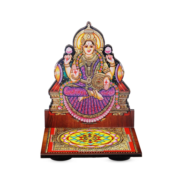 Sri Chakra Design Manai Palagai With Lakshmi Photo Frame - 4 x 3 Inches | Bajot With Picture Frame for Pooja - Pooja Aasan & Bajot & Pooja Mat