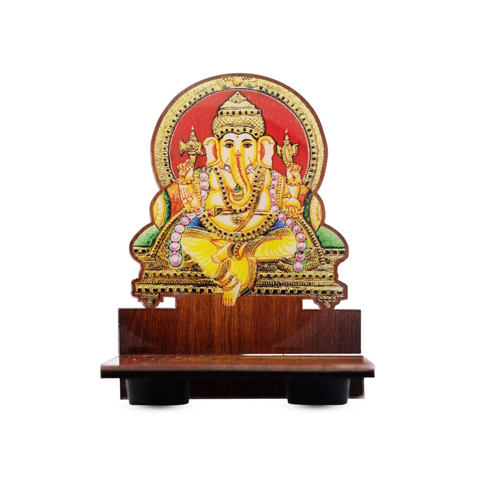 Sri Chakra Design Manai Palagai With Ganesha Photo Frame - 4 x 3 Inches | Bajot With Picture Frame for Pooja/ 50 Gms - Pooja Aasan & Bajot & Pooja Mat