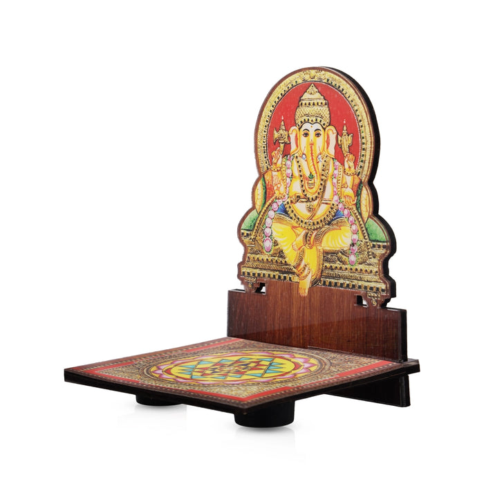 Sri Chakra Design Manai Palagai With Ganesha Photo Frame - 4 x 3 Inches | Bajot With Picture Frame for Pooja/ 50 Gms - Pooja Aasan & Bajot & Pooja Mat