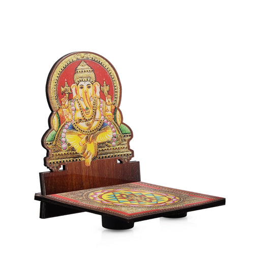 Sri Chakra Design Manai Palagai With Ganesha Photo Frame - 4 x 3 Inches | Bajot With Picture Frame for Pooja/ 50 Gms - Pooja Aasan & Bajot & Pooja Mat