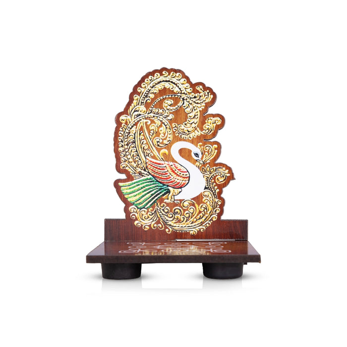 Peacock With Kolam Stand Pair - 4 x 3 Inches | Peacock With Wooden Bajot/ Peacock With Diya Stand for Home - Pooja Aasan & Bajot & Pooja Mat