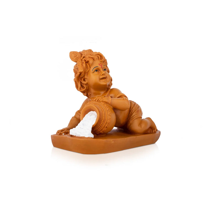 Butter Krishna Idol - 7 x 9 Inches | Wooden Statue/ Vennai Kannan/ Krishna Idol with Butter for Pooja