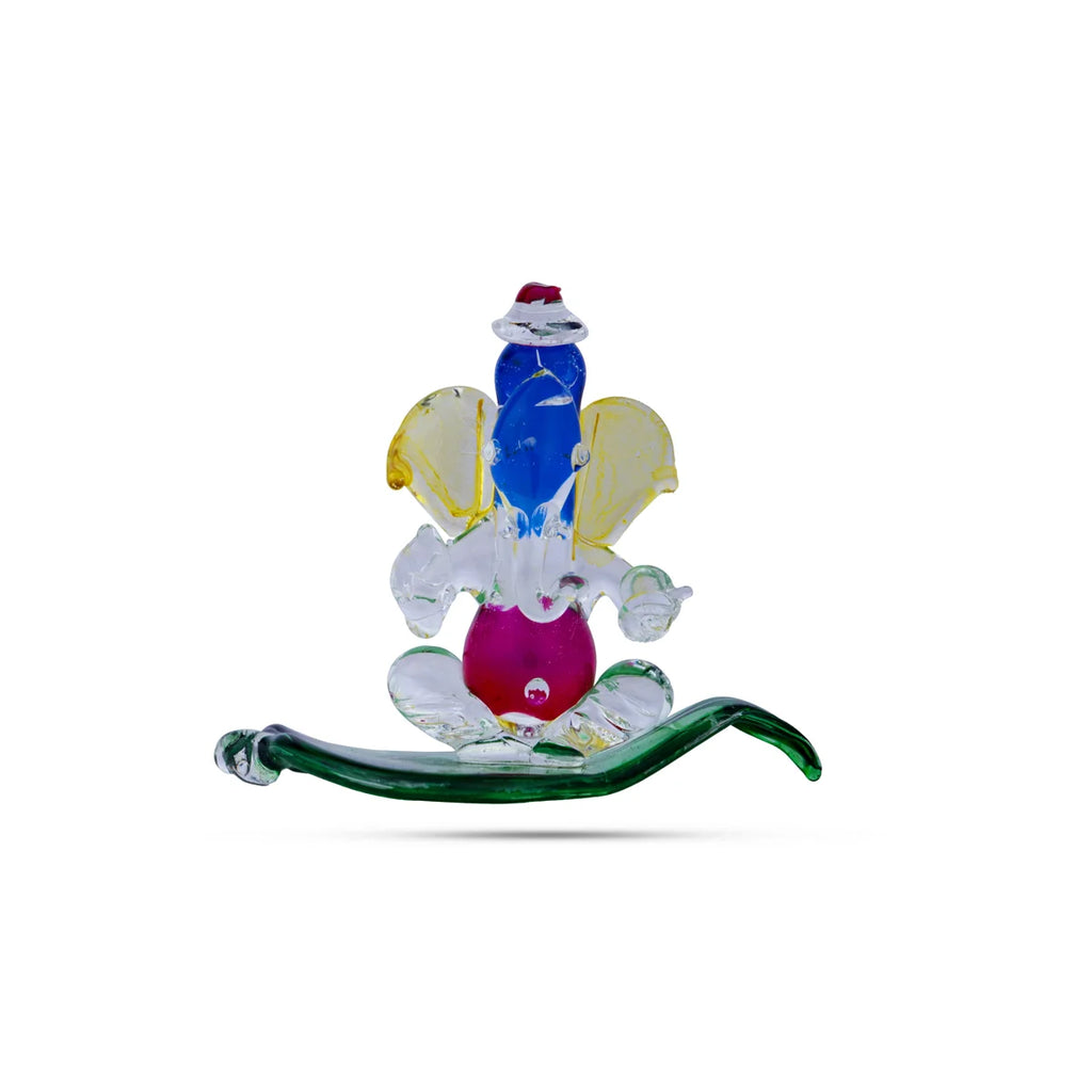 Ganesh with Leaf statue - 2.75 x 3 Inches | Glass Ganesha Idol/ Vinayagar Statue for Home Decor