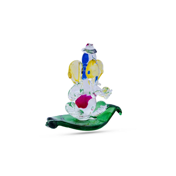 Ganesh with Leaf statue - 2.75 x 3 Inches | Glass Ganesha Idol/ Vinayagar Statue for Home Decor