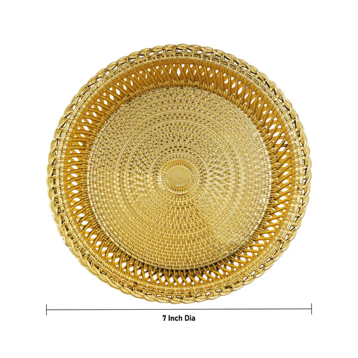 Pooja Tray & Pooja Bowl - 1 x 7 Inches | Gold Polish Plate & Cup/ Plastic Bowl & Plate for Home/ Assorted Design - Pooja Plate & Tray