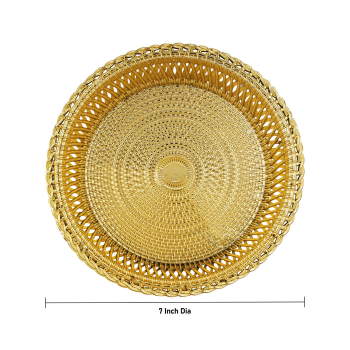 Pooja Tray & Pooja Bowl - 1 x 7 Inches | Gold Polish Plate & Cup/ Plastic Bowl & Plate for Home/ Assorted Design - Pooja Plate & Tray