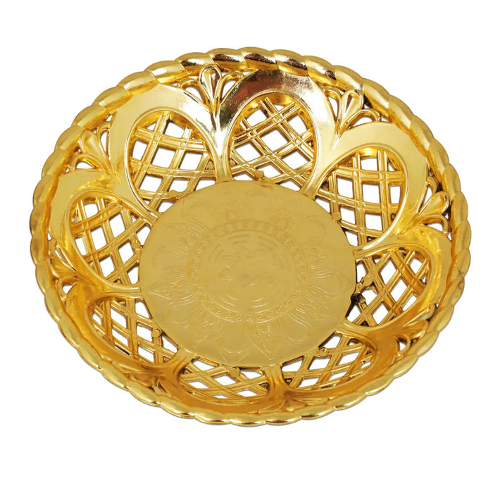 Pooja Tray & Pooja Bowl - 1 x 7 Inches | Gold Polish Plate & Cup/ Plastic Bowl & Plate for Home/ Assorted Design - Pooja Plate & Tray