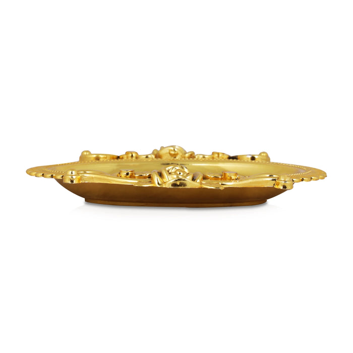 Pooja Tray & Pooja Bowl - 1 x 7 Inches | Gold Polish Plate & Cup/ Plastic Bowl & Plate for Home/ Assorted Design - Pooja Plate & Tray
