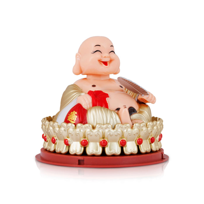 Solar Powered Laughing Buddha Statue With Waving Fan - 4.5 X 4 Inches | Standing Happy Man Idol/ Buddha Decor - Table Stand Accessories