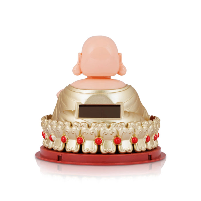 Solar Powered Laughing Buddha Statue With Waving Fan - 4.5 X 4 Inches | Standing Happy Man Idol/ Buddha Decor - Table Stand Accessories