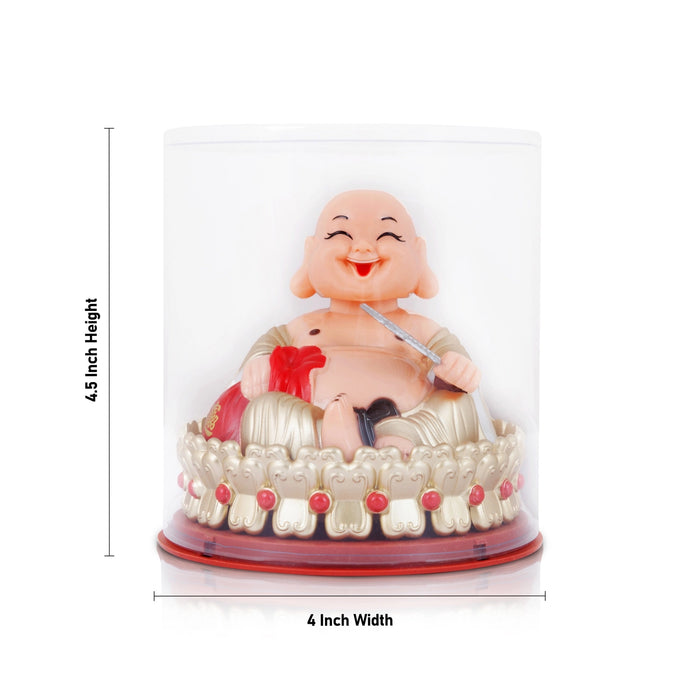 Solar Powered Laughing Buddha Statue With Waving Fan - 4.5 X 4 Inches | Standing Happy Man Idol/ Buddha Decor - Table Stand Accessories