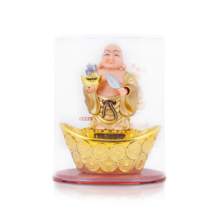 Solar Powered Laughing Buddha Statue With Waving Fan - 6 X 4.5 Inches | Standing Happy Man Idol/ Buddha Decor - Table Stand Accessories