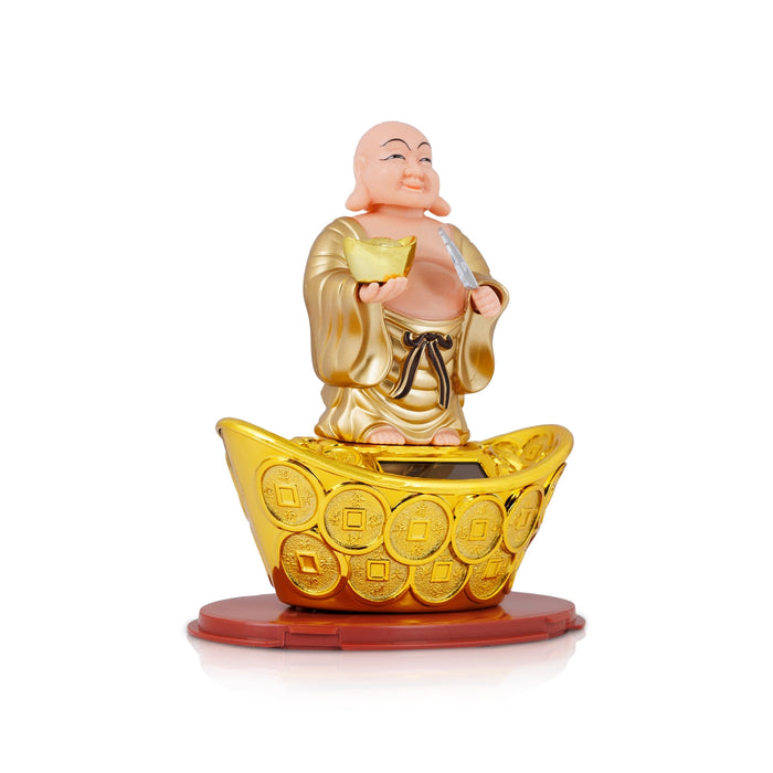 Solar Powered Laughing Buddha Statue With Waving Fan - 6 X 4.5 Inches | Standing Happy Man Idol/ Buddha Decor - Table Stand Accessories