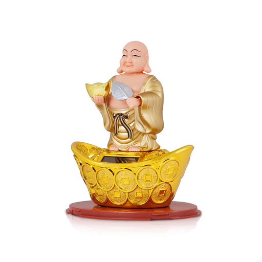 Solar Powered Laughing Buddha Statue With Waving Fan - 6 X 4.5 Inches | Standing Happy Man Idol/ Buddha Decor - Table Stand Accessories