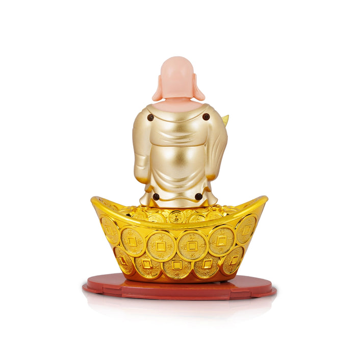 Solar Powered Laughing Buddha Statue With Waving Fan - 6 X 4.5 Inches | Standing Happy Man Idol/ Buddha Decor - Table Stand Accessories