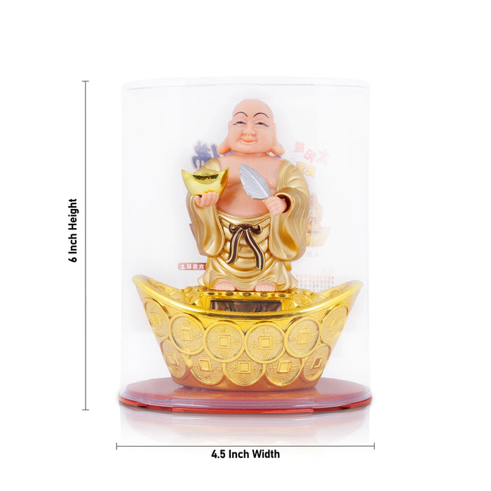 Solar Powered Laughing Buddha Statue With Waving Fan - 6 X 4.5 Inches | Standing Happy Man Idol/ Buddha Decor - Table Stand Accessories