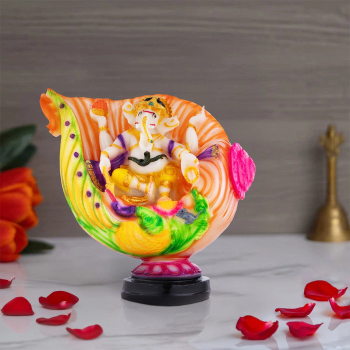 Ganesh Murti Sitting On Shankh - 7.5 x 7 Inches | Marble Dust Murti/ Coloured Ganpati Murti for Pooja - Fibre Murties