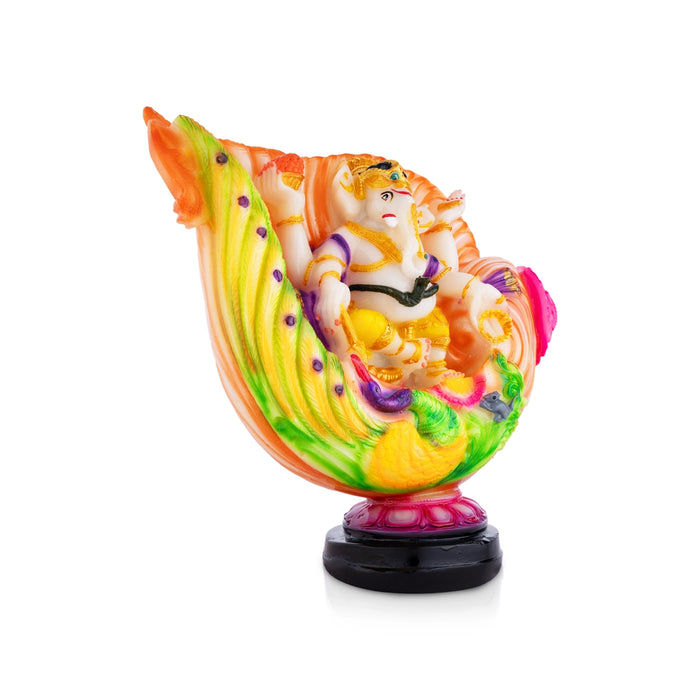 Ganesh Murti Sitting On Shankh - 7.5 x 7 Inches | Marble Dust Murti/ Coloured Ganpati Murti for Pooja - Fibre Murties