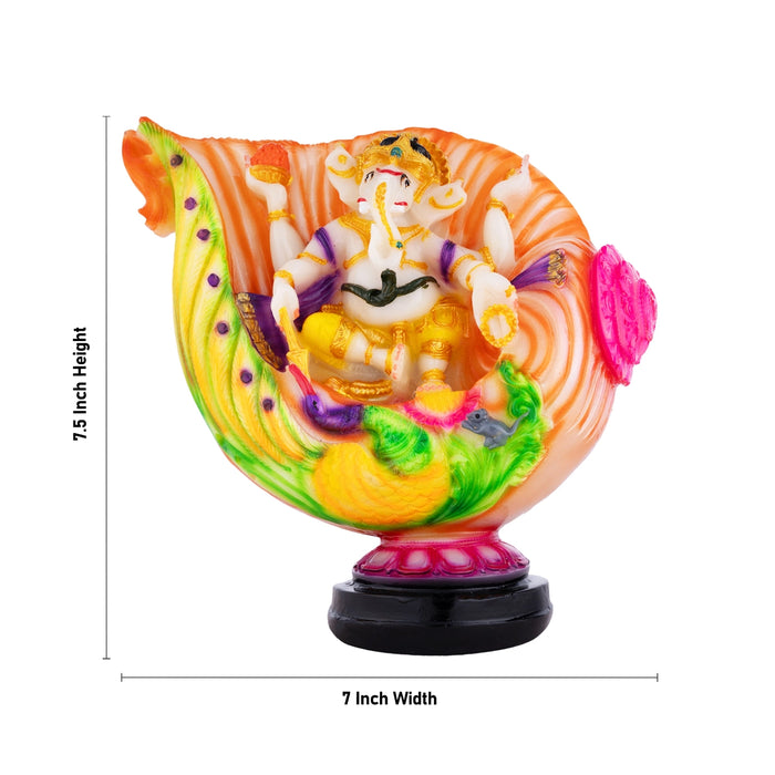 Ganesh Murti Sitting On Shankh - 7.5 x 7 Inches | Marble Dust Murti/ Coloured Ganpati Murti for Pooja - Fibre Murties