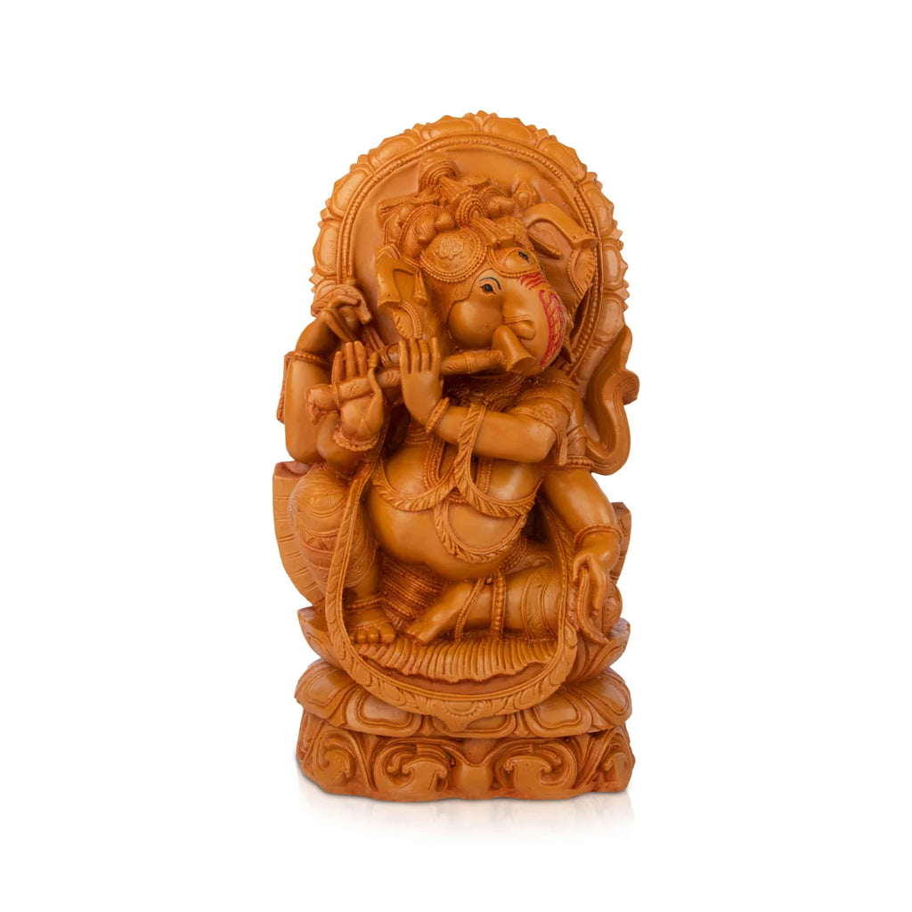 Ganesh Statue - 13 x 6.4 Inches | Wooden Polish Lord Ganesha Playing Flute Idol / Ganesh Idol for Pooja