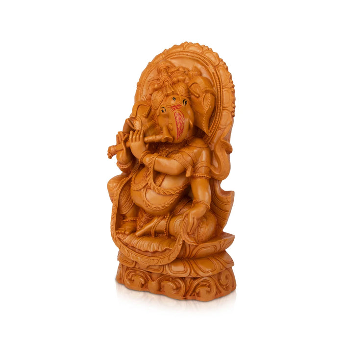 Ganesh Statue - 13 x 6.4 Inches | Wooden Polish Lord Ganesha Playing Flute Idol / Ganesh Idol for Pooja